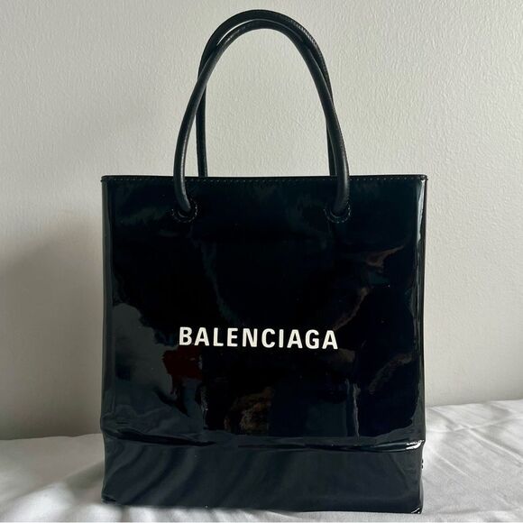 Balenciaga Handbags - BALENCIAGA Black Patent Calfskin Logo Black Shopper Tote Handbag Mini Baguette